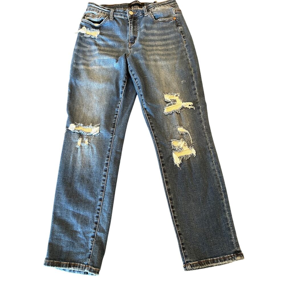 Judy Blue Womens 9 29 High Waist Distressed Boyfriend Jeans Crop Raw Hem EUC